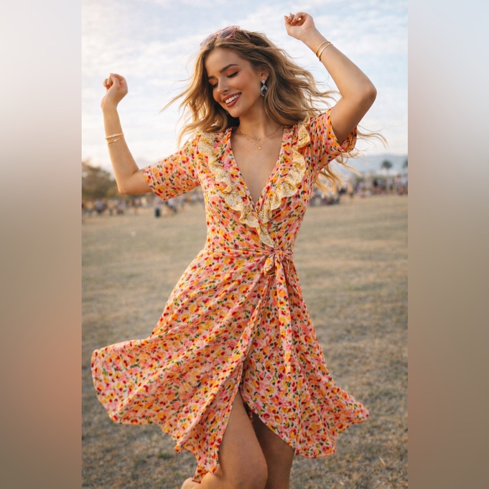 Gracia Pink Floral Midi Wrap Dress NWT